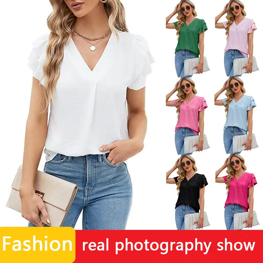 

New Fashion Women V-neck Chiffon Ruffled Shirt Butterfly Short Sleeve Female Top Summer Casual Slim Tops Clothing