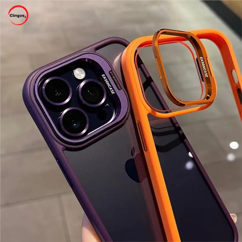 

Fashion Lens Protection Folding Bracket 2in1 Phone Case For IPhone 14 13 12 11 Pro Max Plus TPU Transparent PC Back Frame Shell
