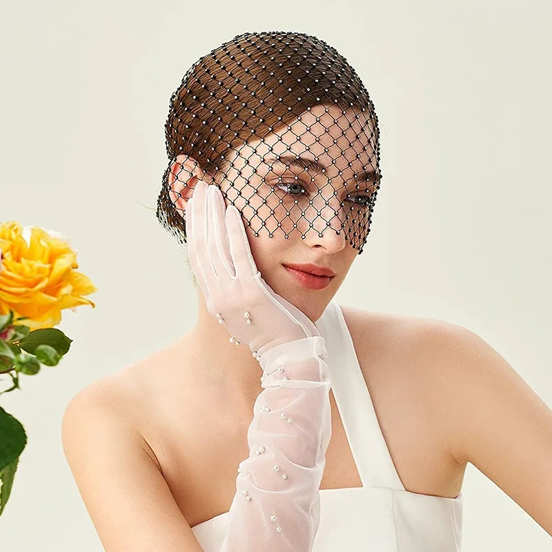 Masquerade Mask For Women Rhinestone Fishnet Turban Party Bonnet Headpieces Sparkly Veils For Bride Head Mask Sexy Mesh Headwear 2