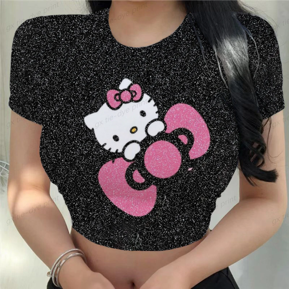 

Summer Kawaii Sleeve Tee Hello Kitty Printing T-shrit Women's clothing Cartoon Hello Kitty Print Y2k Clothing Cropped Top Tees