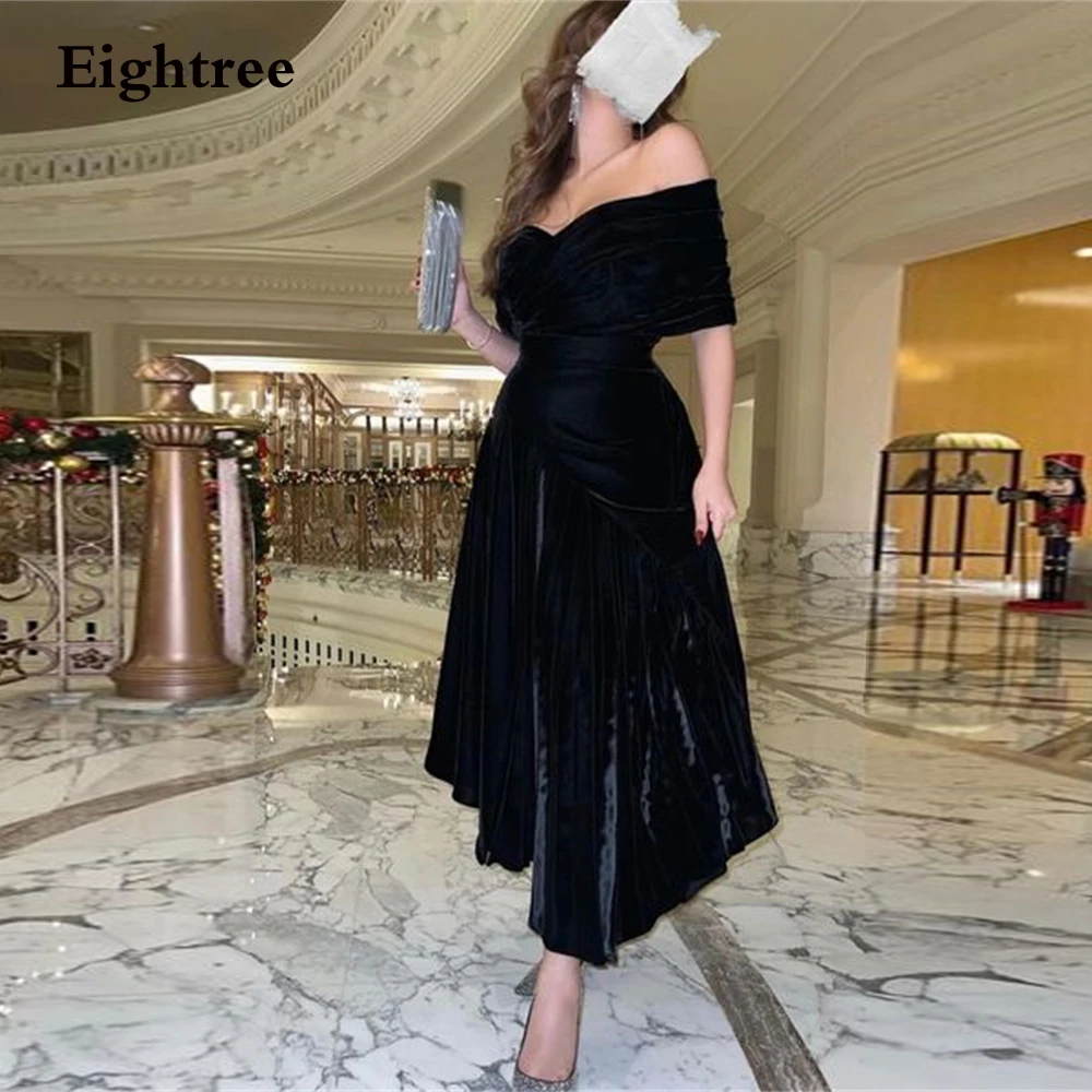 

Eightree Black Vintage Evening Dresses Off the Shoulder A Line Tea Length Party Dresses Vestido De Noche Abendkleider Dubai