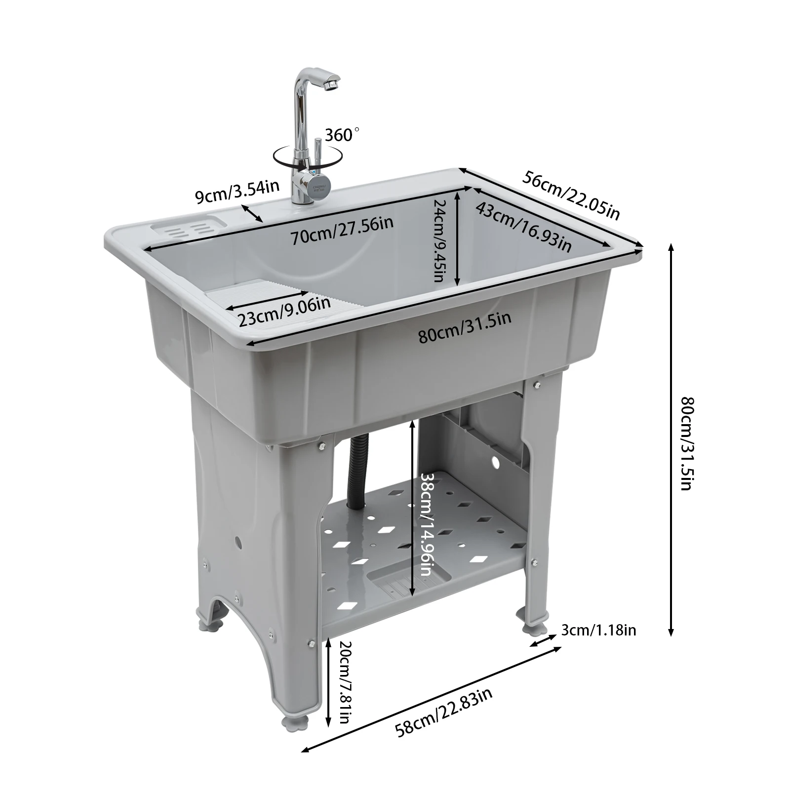 Freestanding Plastic Laundry Sink with Washboard Indoor Outdoor Utility Sink with Cold and Hot Water Faucet Hoses Drain Kit