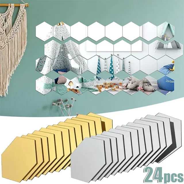 24/1Pcs Mirror Wall Stickers Hexagon 3D Acrylic Self Adhesive Tile Decals DIY Home Decor Art Mirror Red Blue Black Gold Silver