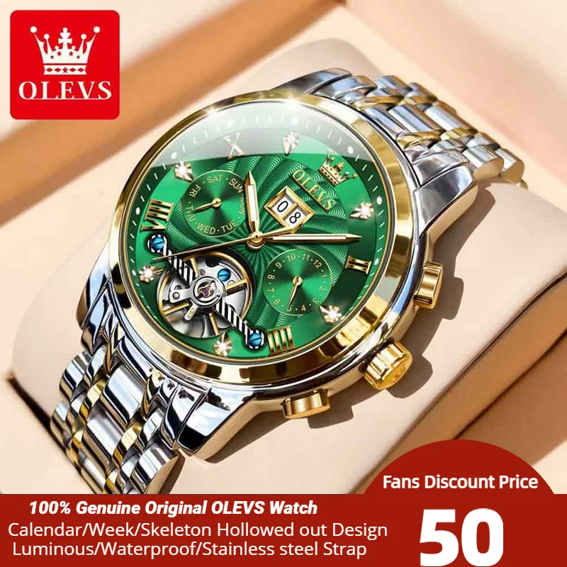 OLEVS Mens Automatic Mechanical Tourbillon Self-Wind Waterproof Luminous Date Wrist Watch