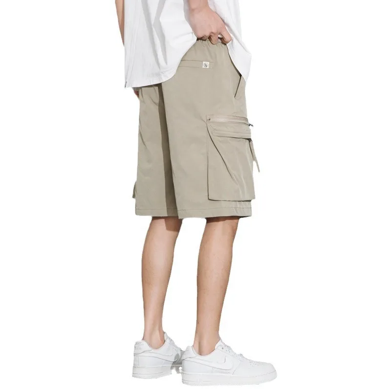 Men Custom Logo Slim Belt Solid Cargo Shorts Trendy Work Style Patchwork Color Casual Multi-pockets Pants