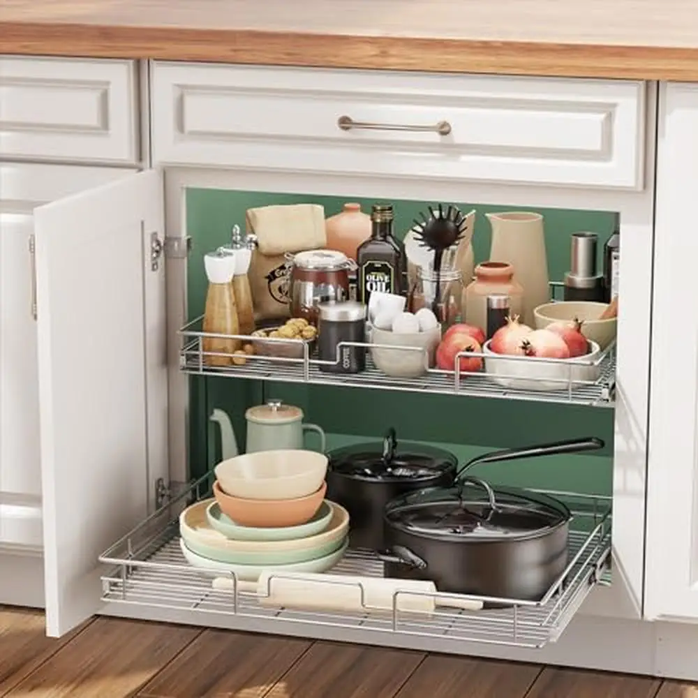 2 Tier Pull-Out Kitchen Cabinet Organizer Storage Shelves Rust Resistant Metal Adjustable Height Holds up to 100 lbs Fits 32"