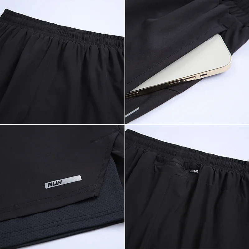 Men Summer Swim Shorts Sportswear 2 in 1 Compression Jogging Short Beach Casual Pants Double-deck Bottoms with Zipper Pockets 6