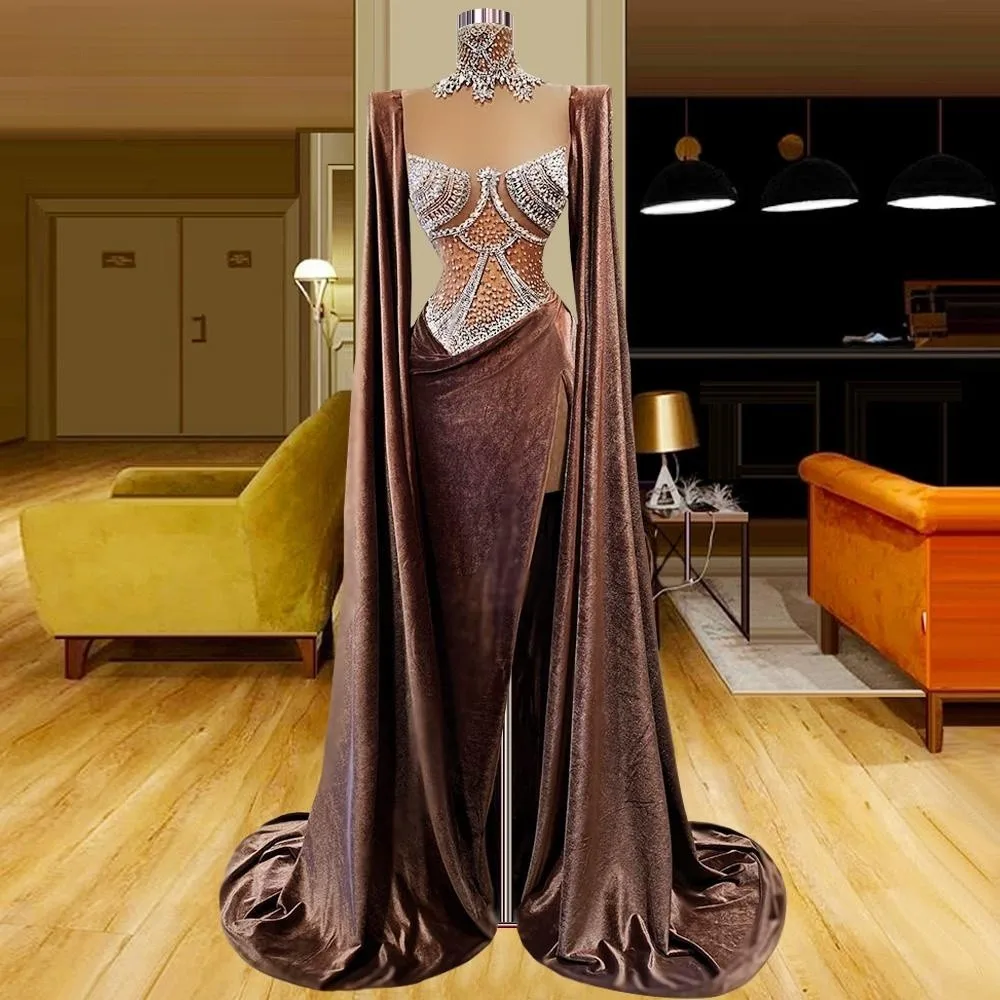 

Slit Prom Dresses A-line V-neck Velvet Crystals Prom Gown Saudi Arabia Dubai Black Girls Evening Dresses Robe De Soiree