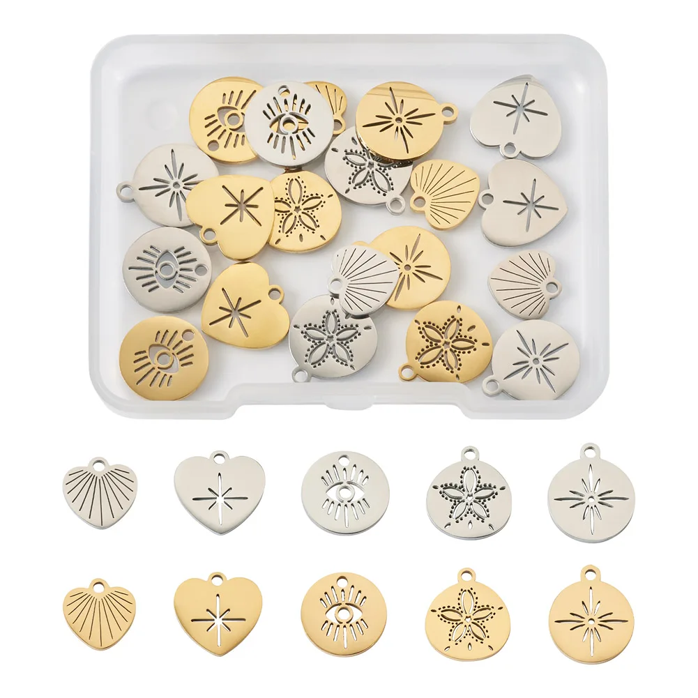 

20pcs Mixed Style Stainless Steel Charms Star Heart Flat Round Pendant Assorted Metal Color DIY Necklace Jewelry Making Findings