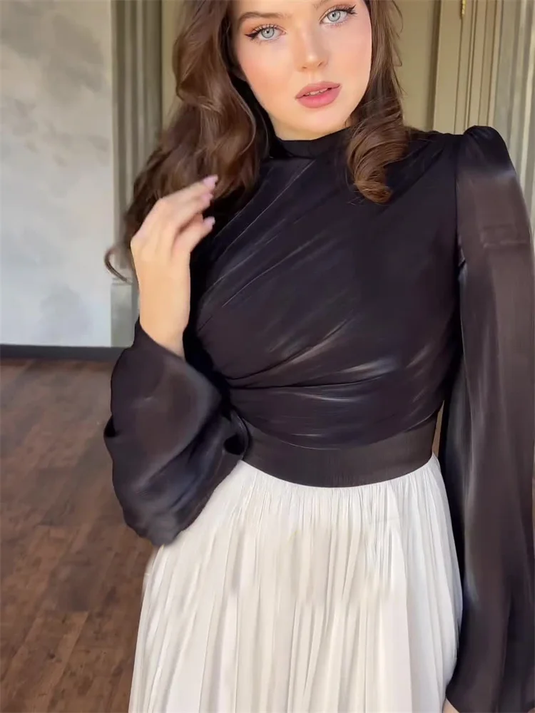 Elegante vestido plisado para mujer, de malla con retazos, vendaje, capas, ajustado, de calle, transparente, en contraste, nuevo vestido largo de otoño