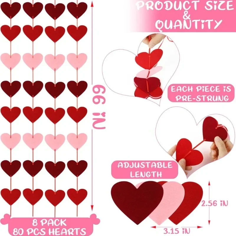 Valentine's Day DIY Felt Heart Garland Pre-Assembled Hanging Decor, Romantic Party Supplies for Birthdays & Home Accents