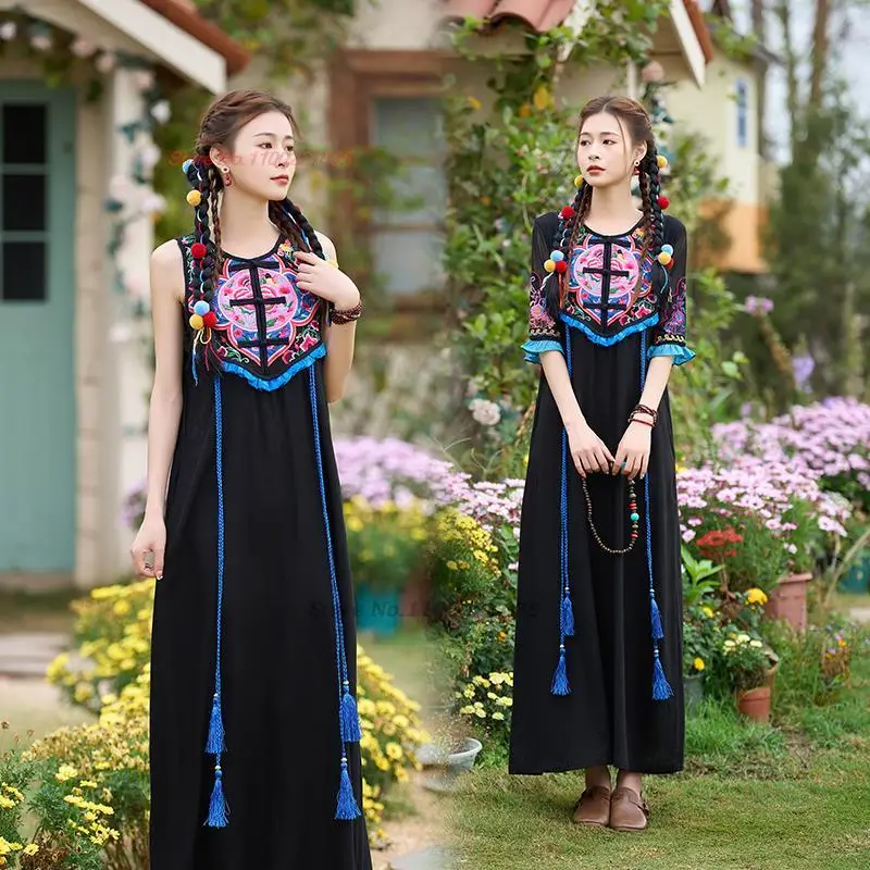 2024 chinese vintage cotton linen dress national flower embroidery sleeveless dress oriental ethnic folk style tassel long dress