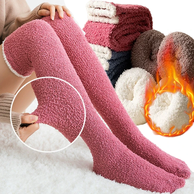 

Winter Warm Soft Coral Fleece Over-knee High Socks Women Plush Lolita Home Sleep Floor Long Socking Jk Solid Thigh High Fun Sock