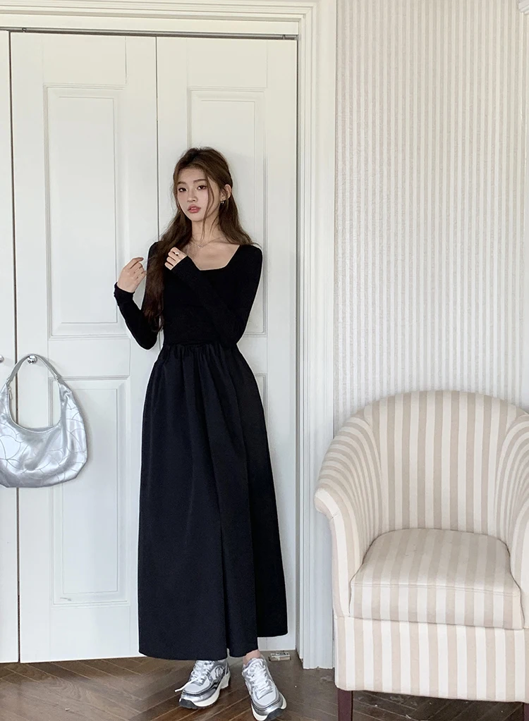 Casual Knitted Midi Dresses for Women Solid Long Sleeves Square Collar A-line Autumn New Elegant Dress Female Slim Vestidos