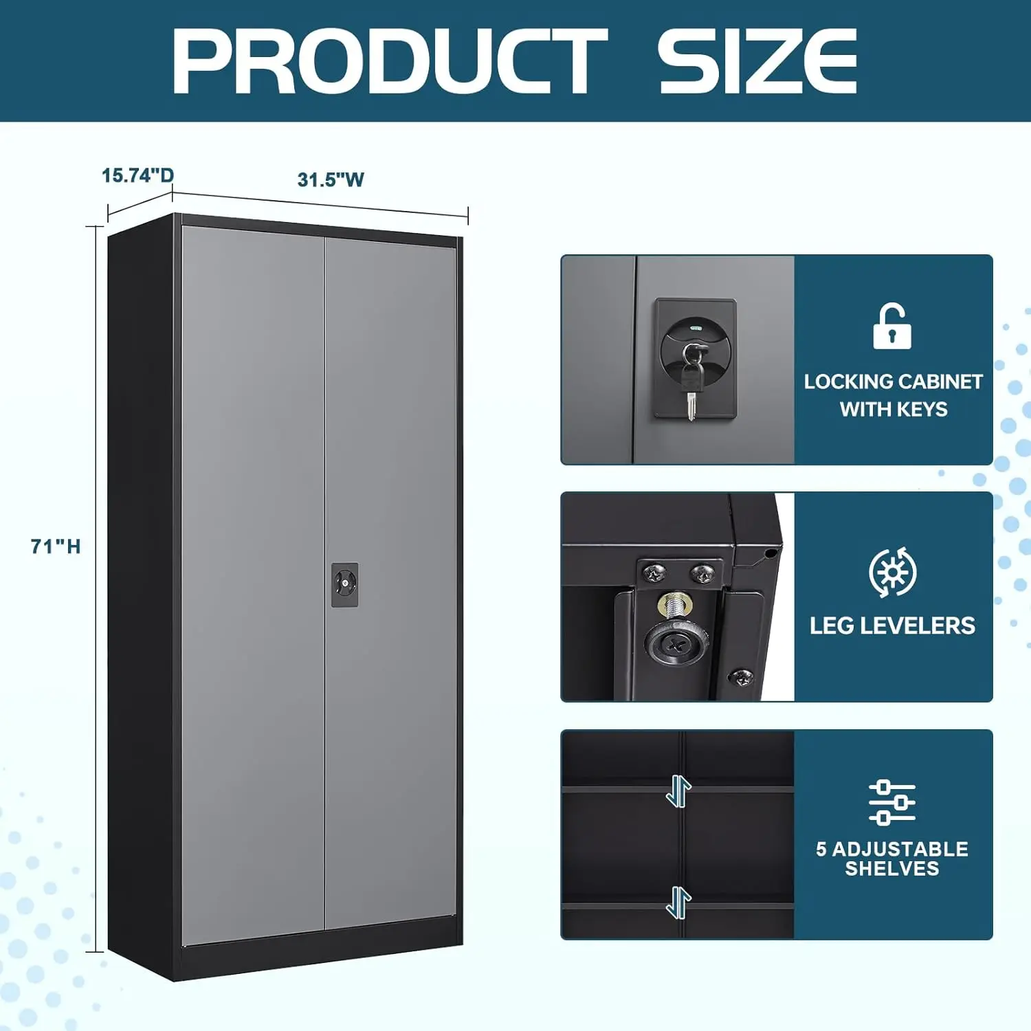 Metal Storage Cabinet with Locking Doors, Black Garage Lockable Steel Cabinets with 4 Doors and 5 Shelves for Home, Garag 3
