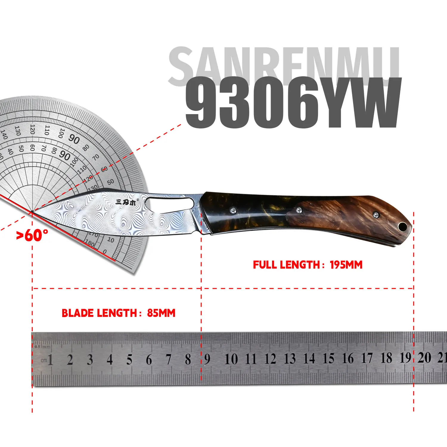 SANRENMU-cuchillo plegable de bolsillo para caza, cuchillo de rescate para acampar al aire libre, sin bloqueo de frutas, 9306 SKD-11/Damasco
