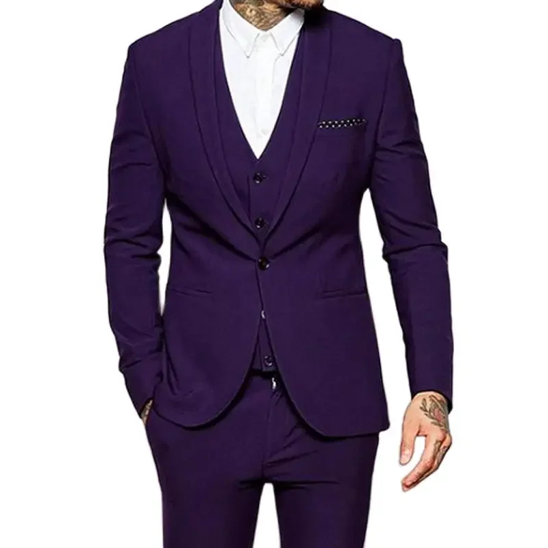 Fashion Purple Casual Suits Groom Tuxedo Prom Slim Fit Blazer Hombre Business High Quality Custom 3 Piece Set Packet Vest Pants