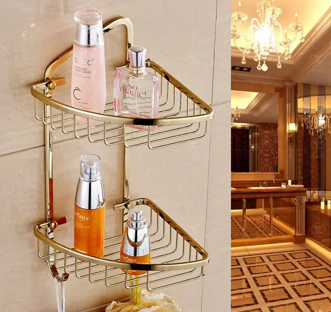 

Gold Color Brass Double Layer Shower Corner Shelf Bathroom Basket Holder Shampoo Storage Towel Hooks Dba098