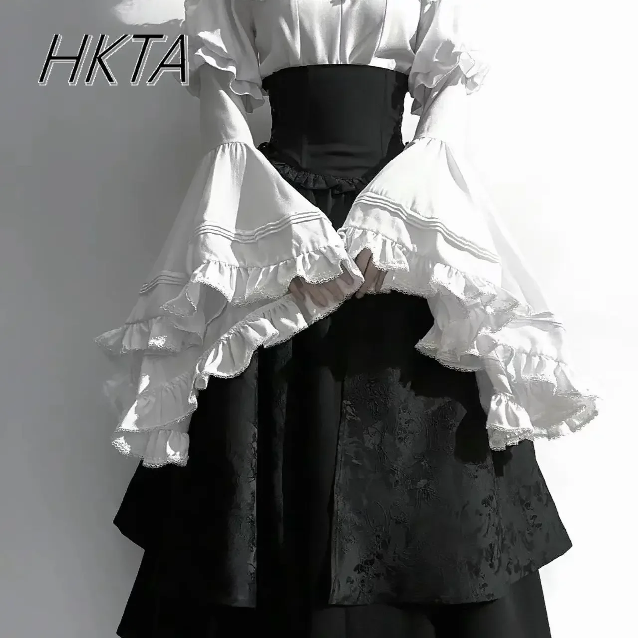 Lolita Gothic High Waist Black Long Skirt Loose Oversized Flared Long Sleeve Blouse Top Y2k Ji Sleeve Gorgeous Elegant Skirt Set 6