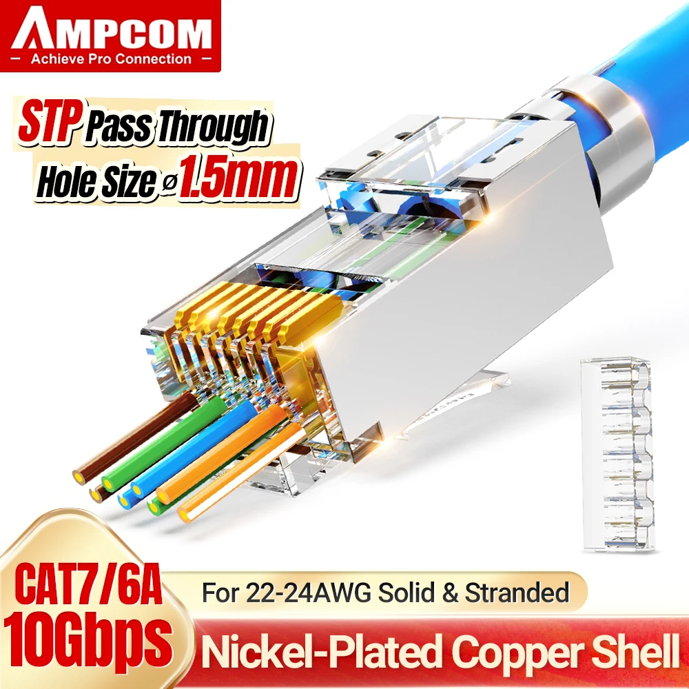 Connettore AMPCOM CAT7 RJ45, passa attraverso la spina Ethernet CAT6A rj 45 per cavo di rete solido o incagliato CAT 7 con barra di carico da 1.5mm