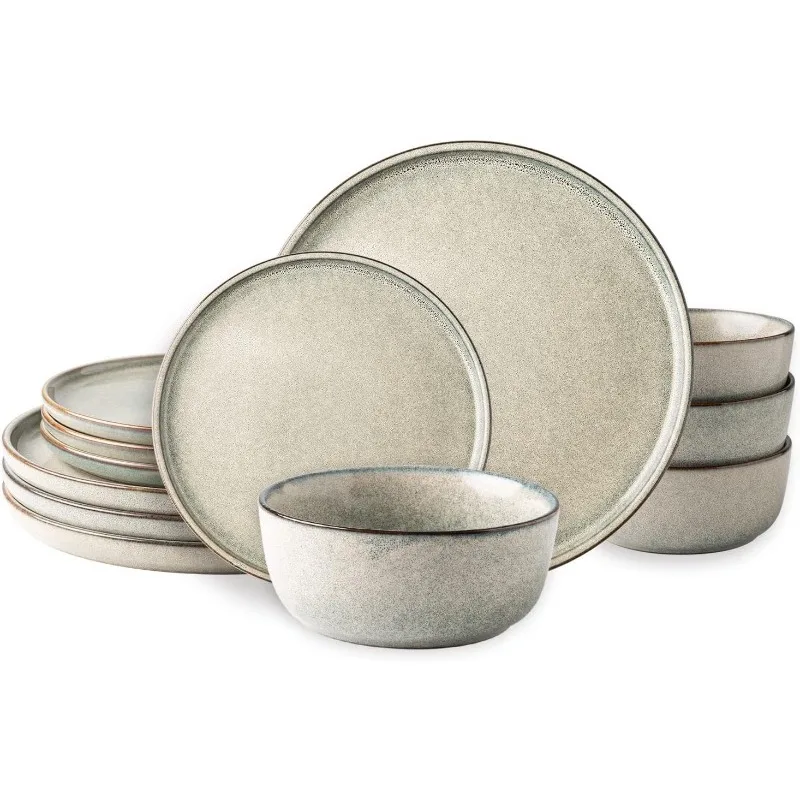 

Stoneware Dinnerware Sets for 4,Round Reactive Glaze Ceramic Plates and Bowls Set,Highly Chip and Crack Resistant | Dishwasher