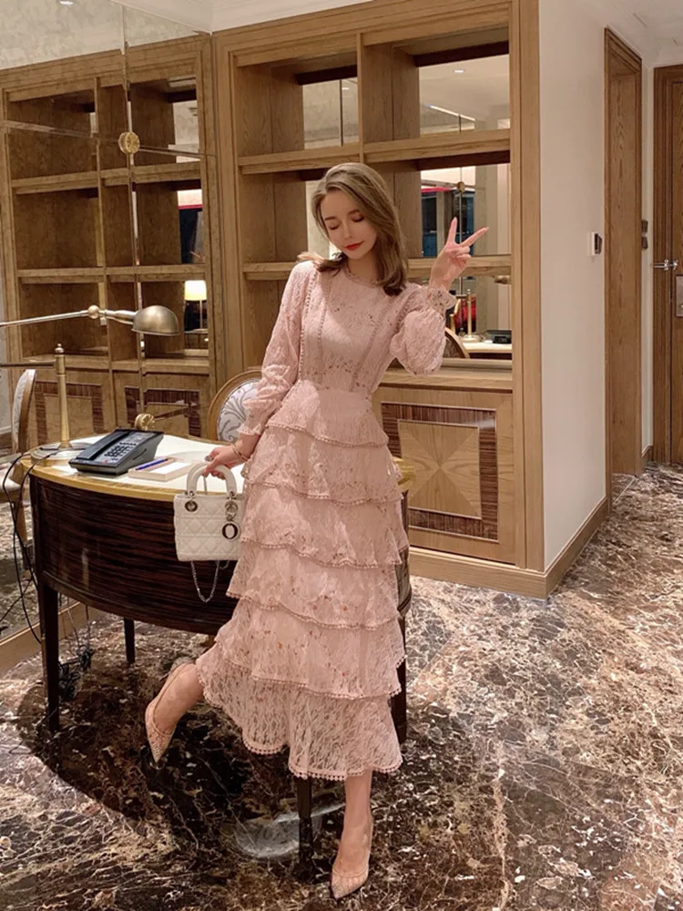 

DALMAZZO Luxury Designer Fashion Sweet Princess Cake Long Dress Women O Neck Lace Embroidery Slim Runway Party Vestidos 2023 New