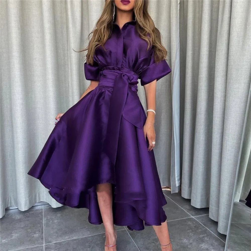 

AsaNagi Dark Purple Satin Prom Dress Women's Short Sleeve Asymmetrical Retro Party Evening Gown Tea Length Formal Occasion Gowns