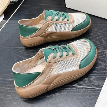 2022 Summer New Fashion Retro Hollow Women Increase Round Toe Lace Up Breathable Casual Shoes Mesh Casual Ladies Slippers 7