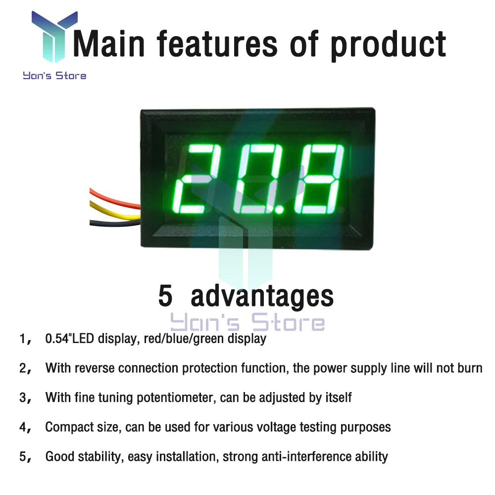 DC 0-600V 0.56 ''디지털 전압계 3 선 전압 검출기, 볼트 패널 미터 테스터 빨간색 파란색 녹색 LED 디스플레이