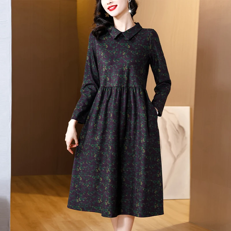 

2023 New Fashion Velvet Dress Women's Autumn Versatile Print Knee Length Dress Korean Loose Fit Fragmented Vestidos