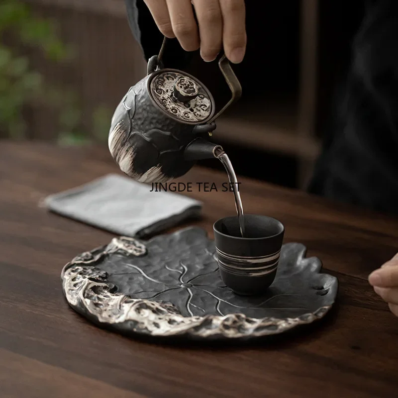 Ceramic teapot with lotus leaf design dry brewing tray, small tea tray vintage coffee table Kung Fu tea accessories