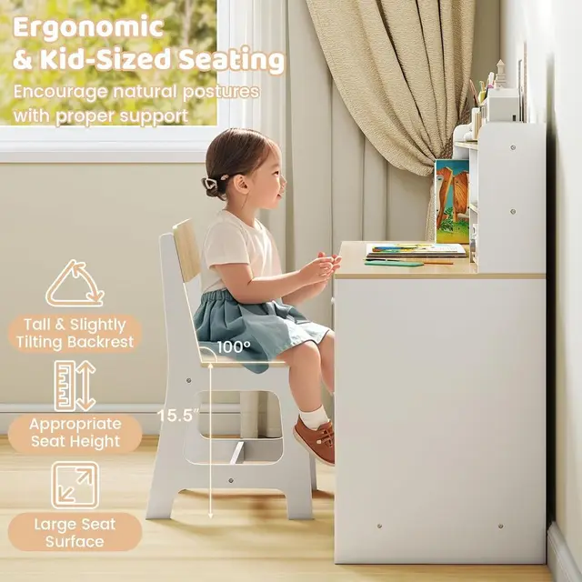 Wooden Kids Desk and Chair Set with Storage for Ages 5-12 in White
