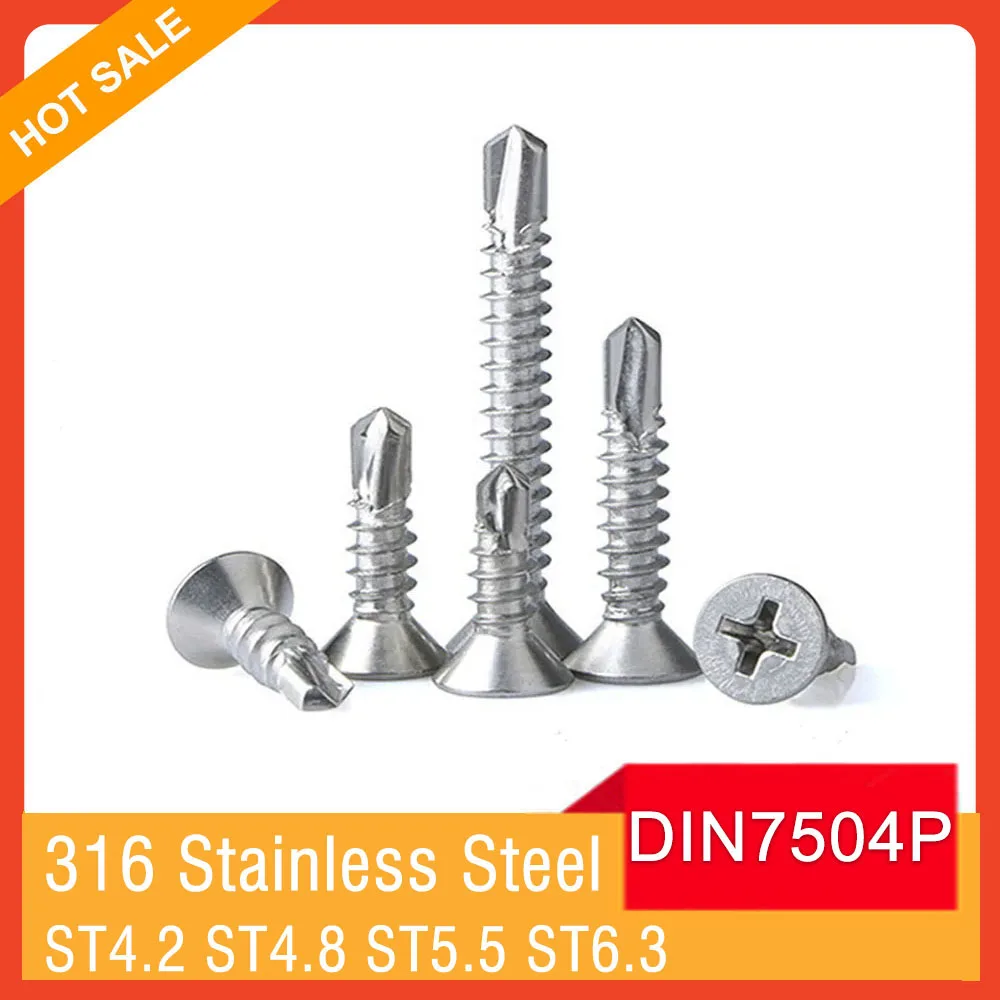 ST4.2 ST4.8 ST5.5 ST6.3 DIN7504P 316 нержавеющая сталь крест Phillips плоская потайная головка самонарезающее сверло семейный болт ST4.2 ST4.8 ST5.5 ST6.3 DIN7504P 316 нержавеющая сталь крест Phillips плоская потайная головка самонарезающее сверло семейный болт
