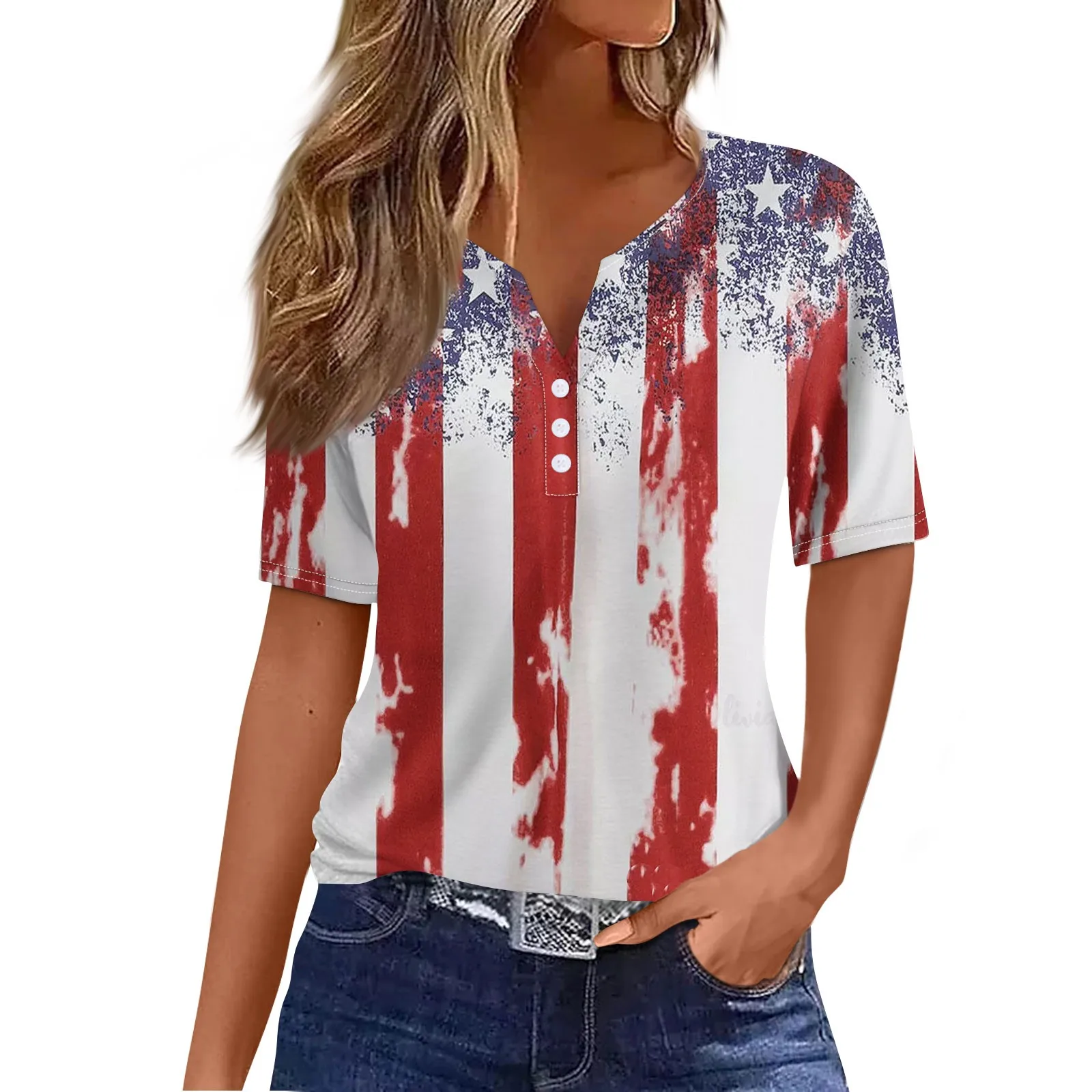 

Женская модная футболка, повседневный топ с принтом на День Независимости, v-образный вырез, короткий рукав, декоративные пуговицы, женский топ