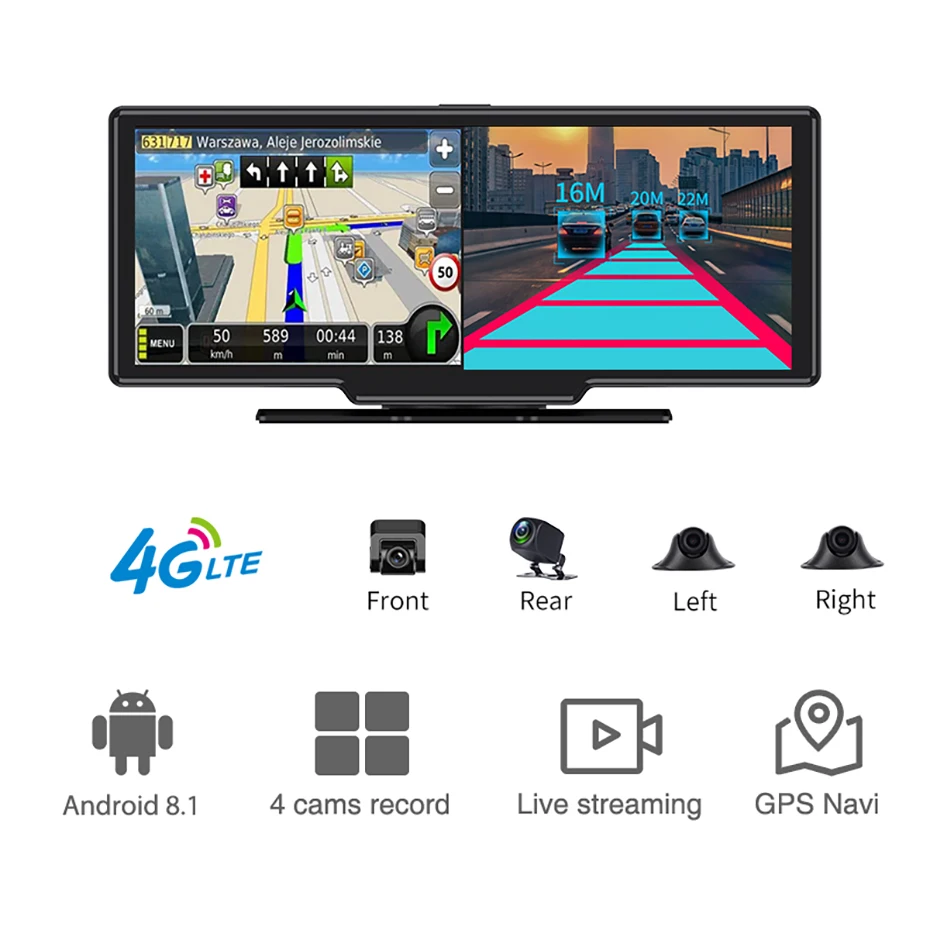 10.26 IPS 4G   ̵ 8.1 ڵ  ķ GPS ׺̼ 4 ī޶ ä HD 720P  ڴ ڵ DVR WiFi, 24 ð ͸