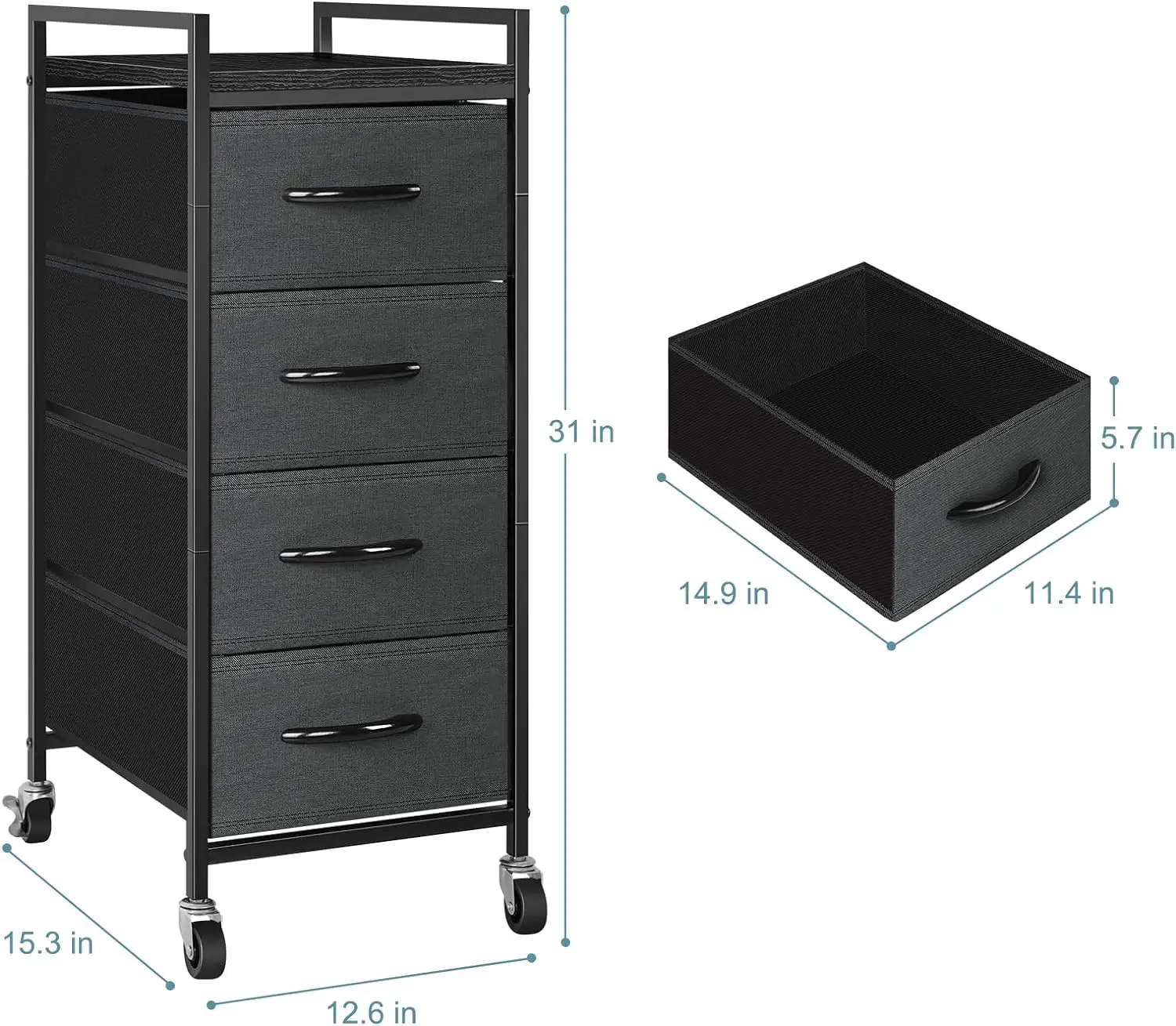 Fabric Storage Dresser Bedroom 4 Drawer Storage Organizer Unit Vertical Drawer Small Nightstand with Rolling Casters (Dark Gray) 3