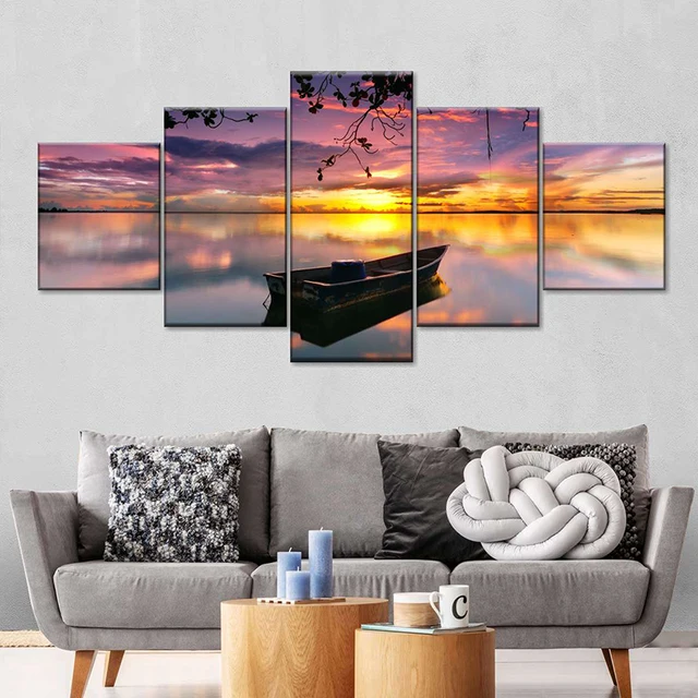 Peinture sur toile de paysage moderne, 5 pièces, tableau imprimé, décoration de maison, coucher de soleil de montagne, Art mural pour décor de salon, sans cadre 4