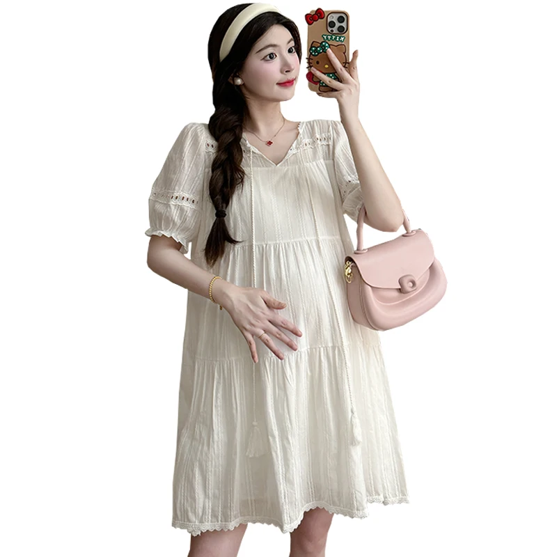 2024 Summer Short Sleeved Sweet Cute Maternity Dress Hollow Out Short Sleeve Tassel Dress Short Pregnant Woman Loose Clothes