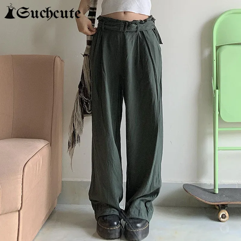 

SUCHCUTE Streetwear Vintage Solid Cargo Women Pants Harajuku Grunge Baggy Trousers y2k Low Waist Casual Wide Leg Pants Summer