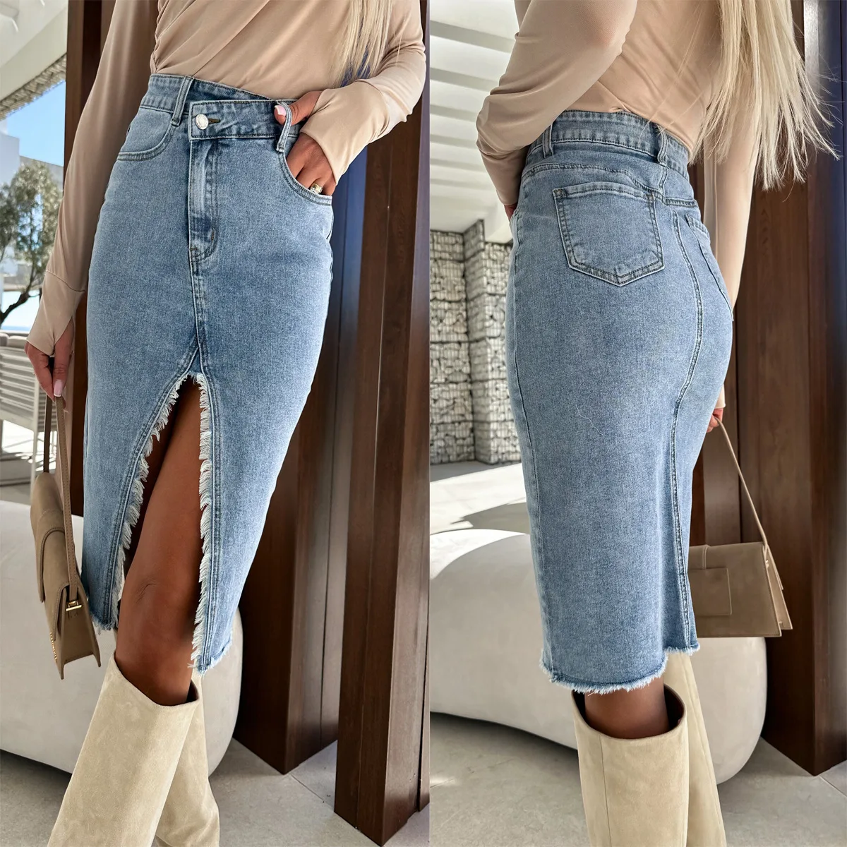 

2023 Spring And Summer New Women Skirt Split Fashion Bodycon Pencil Denim Skirts