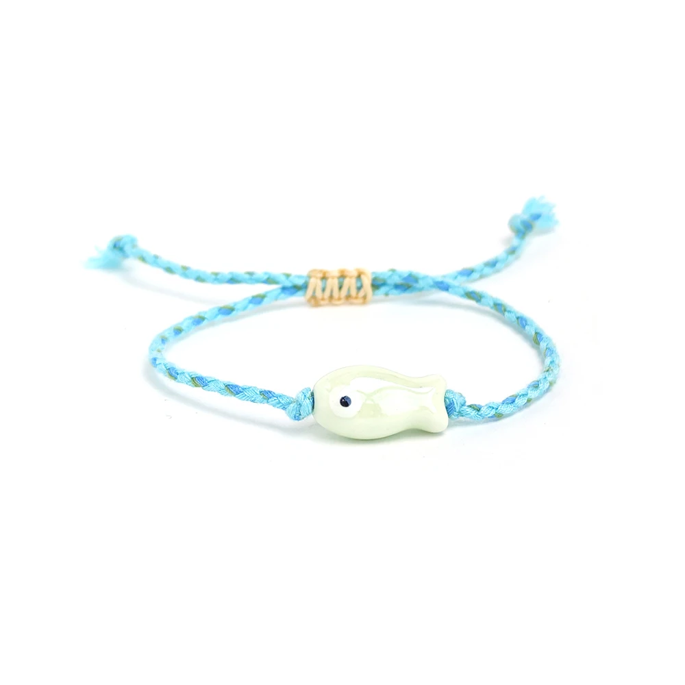 Vlen verstellbares Sommer-Strand-Armband, Keramik-Fisch-Charm, Boho-Stil, buntes Seil, geflochten, handgefertigter Schmuck, Geschenk für Frauen – Detail 4