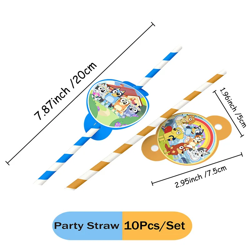 Bluey Hot Dog 10Pcs Disposable Paper Straws Drinking Straws Juice for Kid Birthday Wedding Party Decor Supplies Baby Shower