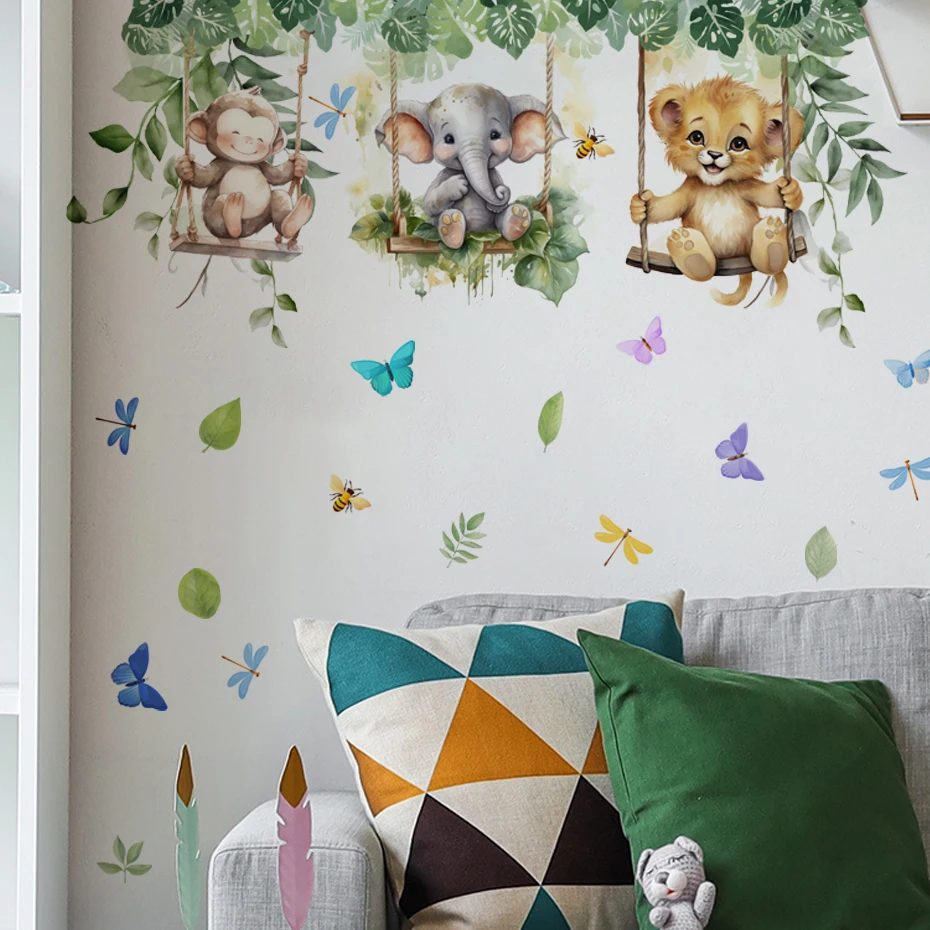 Cartoon Jungle Animals Theme Wall Stickers for Boys Girls Baby Nursery Kids Bedroom Living Room Classroom Decorative Wall Decals