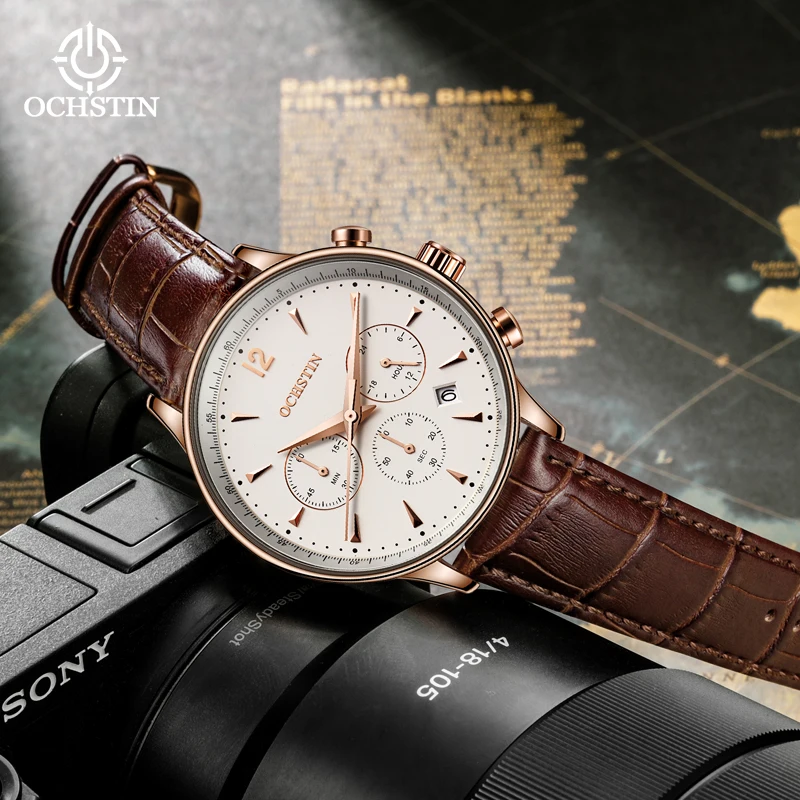 Ochstin Prominente Series Multifunction Quartz Movement Leather Strap Business Luxury Mens Quartz Clock