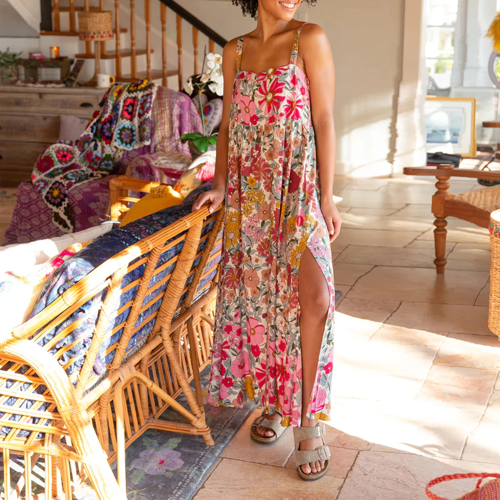 

Винтажное длинное пляжное платье в стиле бохо Combhasaki Y2K, длинный сарафан без рукавов на бретелях-спагетти с квадратным вырезом и цветочным принтом, с разрезом