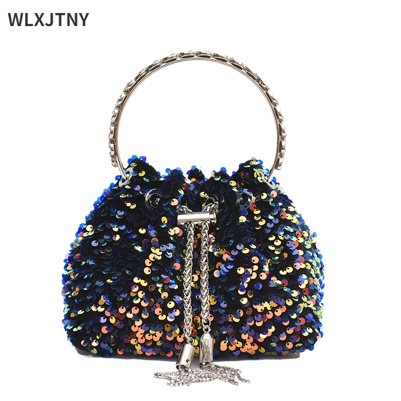 

2022 New Luxury Designer Purses And Handbags For Women Silver Sequins Bucket Clutch Purse Tassel Evening Bag Female Shoulder Bag