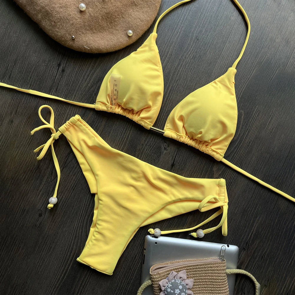 

Sexy Popular Women Beachwear Bikini Set Solid Color Swimwear 2 Pcs Set Lady Low Waist Solid Color Swimsuit Bathing Suits