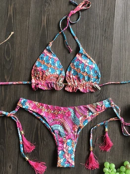 2022 Sexy Bikini Floral Print Swimwear String Bikini Set Push Up Swimsuit Bikinis Women Biquini Beach Bathing Suit Women 3