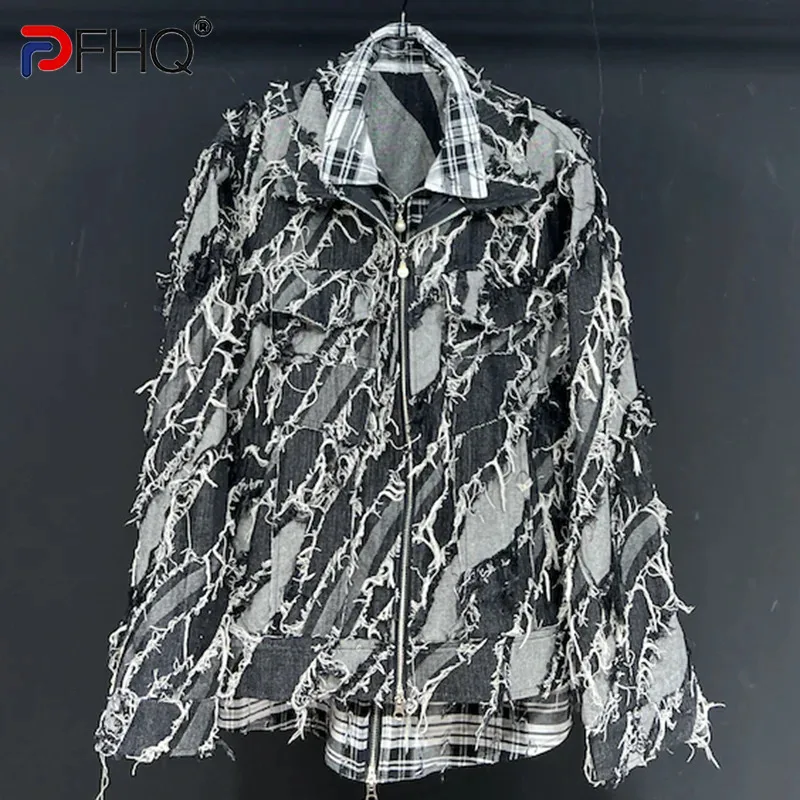 

PFHQ Men's Denim Jackets Fake 2-piece Loose Trendy Worn Out Zippers Patchwork Streetwear Male Safari Style Coat Summer 21Z4262