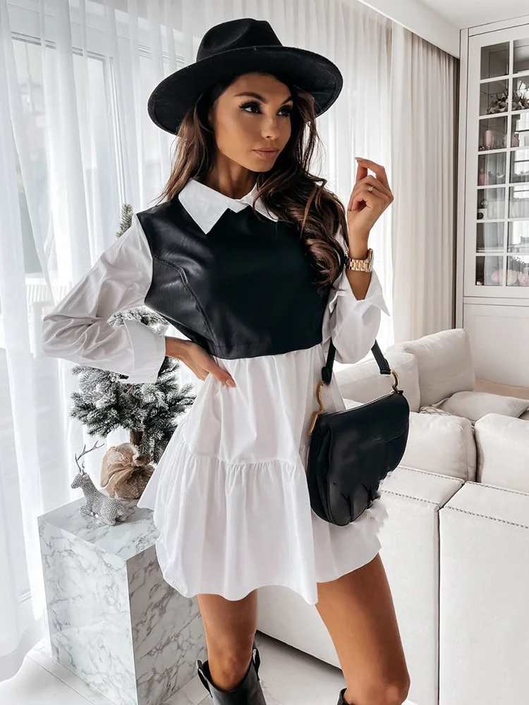 

Casual Long Sleeve Mini Shirt Dress For Women White 2023 New Spring PU Leather Patchwork Plaid Woman Dresses Clothing Femme Robe